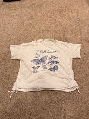 H&M White Tee with Blue Butterfly Graphic and Side Ties